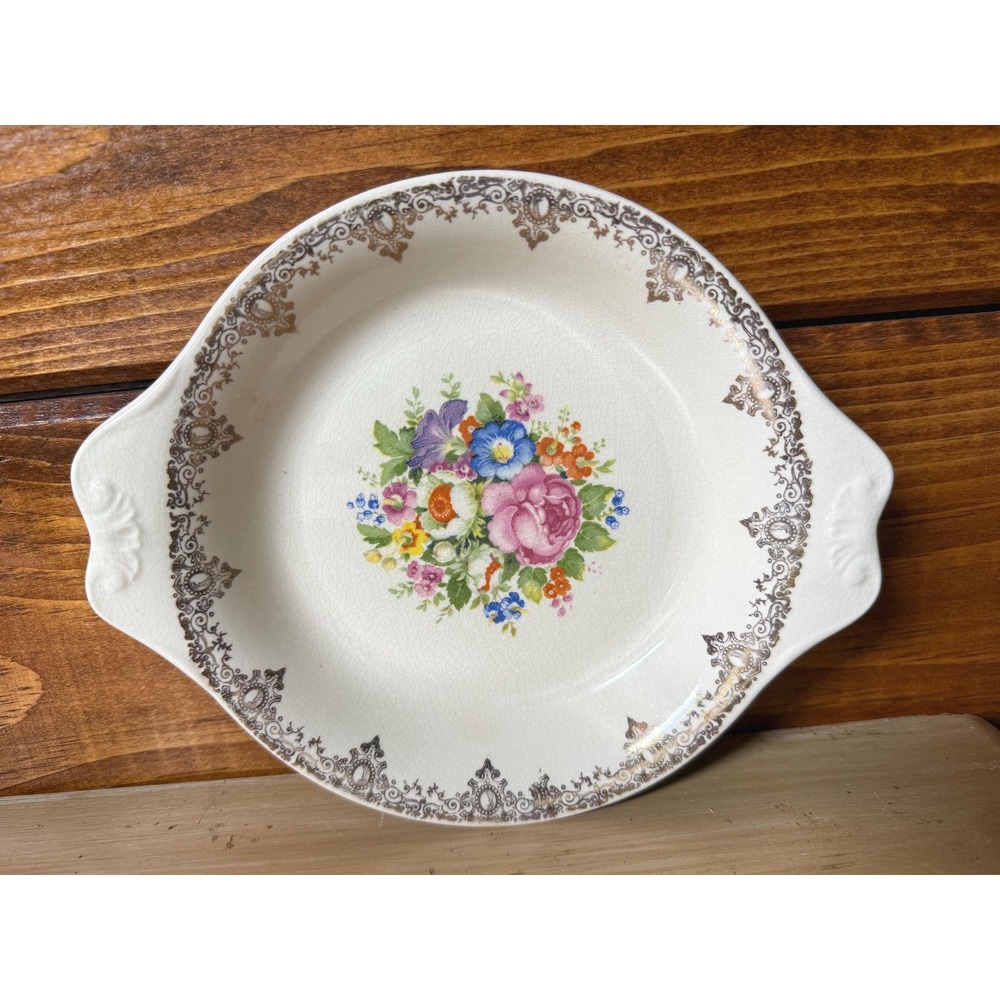 Salem Century Floral Plate Set of 2 | 23K Gold Filigree, Handled Dish